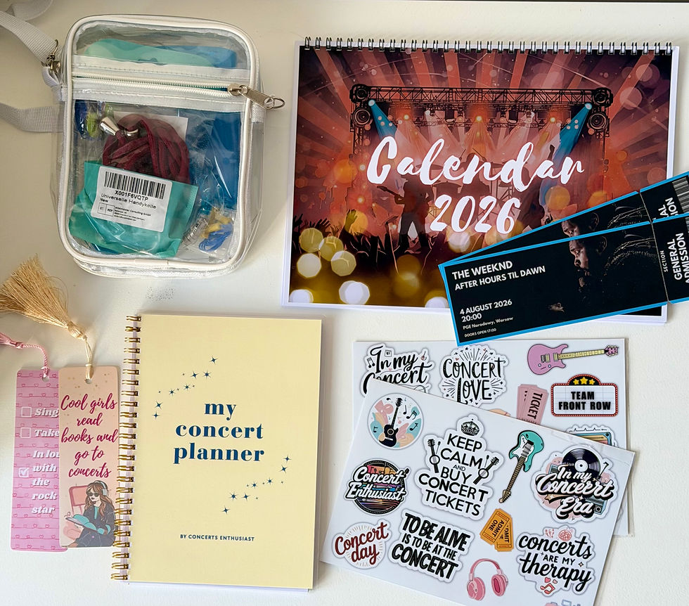 Thumbnail: Concert Lover Ultimate Bundle - all included items arranged neatly on a table: transparent gift bag, concert journal, 2026 ca