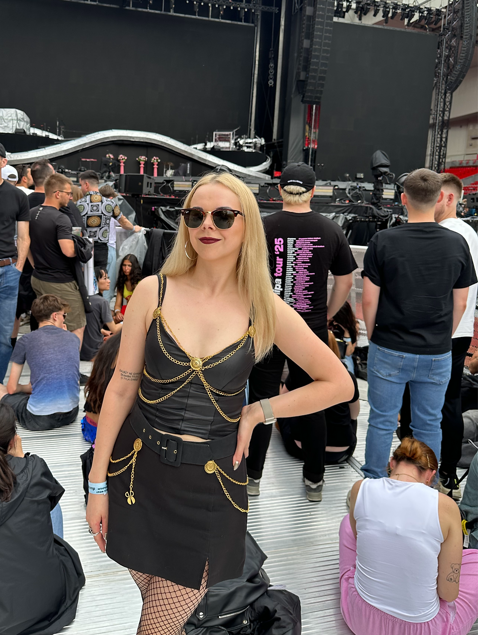 Me wearing a DIY Dua Lipa-inspired concert outfit before the Radical Optimism Tour in Liverpool.