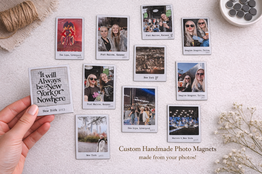 Several custom concert photo magnets displayed on a table, showing different designs