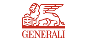 Generali λογότυπο με λέξη, εταιρία, κόκκινο χρώμα, μαύρο φόντο και φτερωτό λιοντάρι