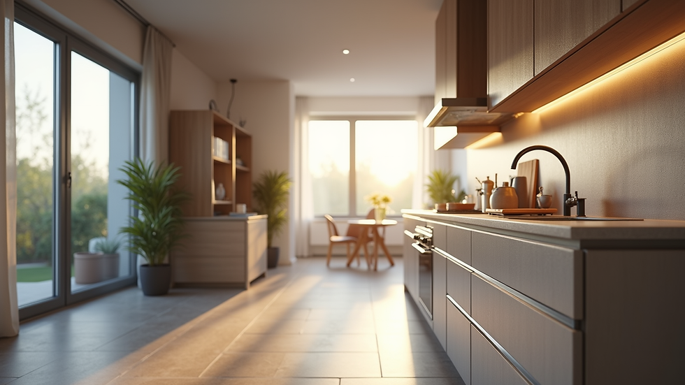 Eye-level view of a modern kitchen with elegant cabinetry