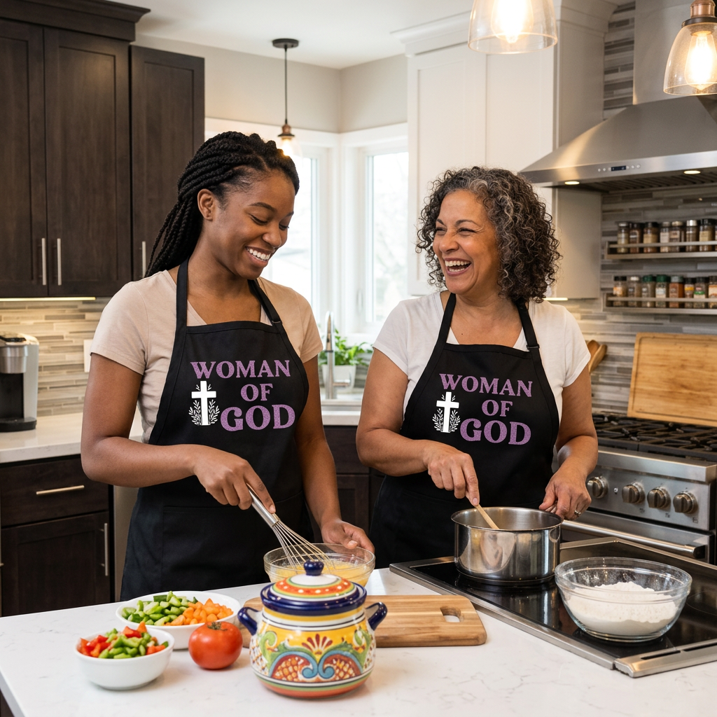 Smiling women in "Woman of God" aprons cooking