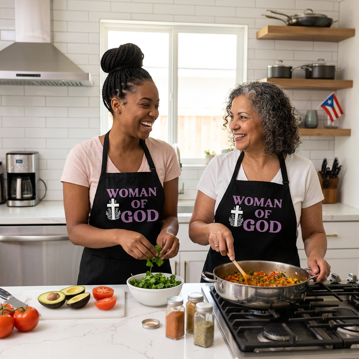 Two women in 'Woman of God' aprons cooking, smiling
