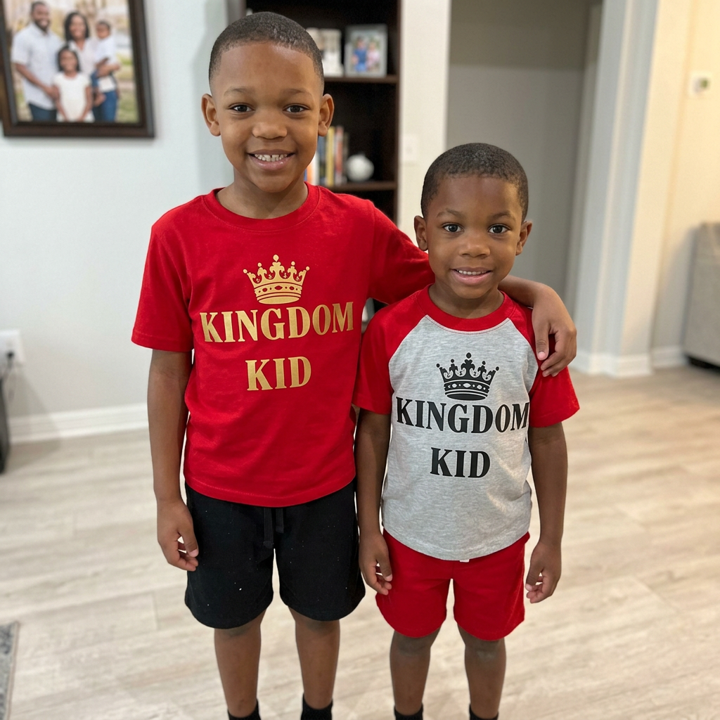 Two boys smiling in red and grey 'Kingdom Kid' shirts
