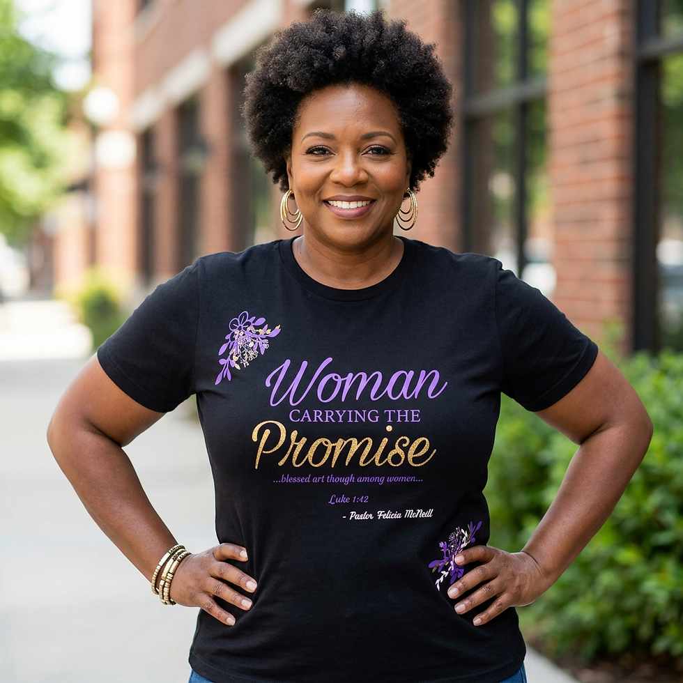 Smiling woman in t-shirt: 'Woman Carrying The Promise'