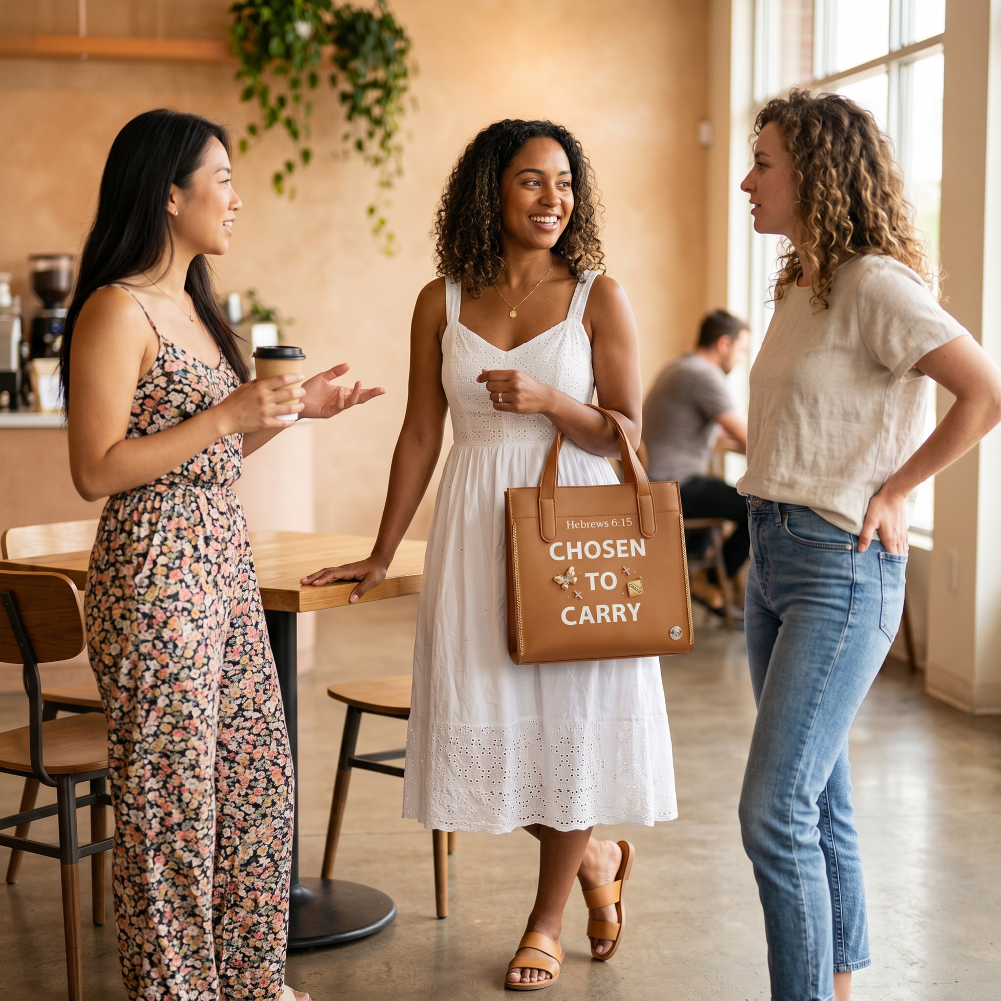Three women talking, one holding a "Chosen to Carry" purse