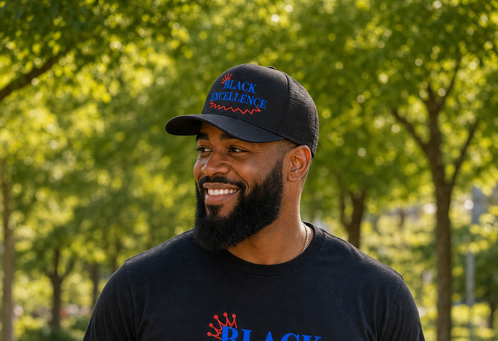Black man in 'BLACK EXCELLENCE' shirt and cap, smiling