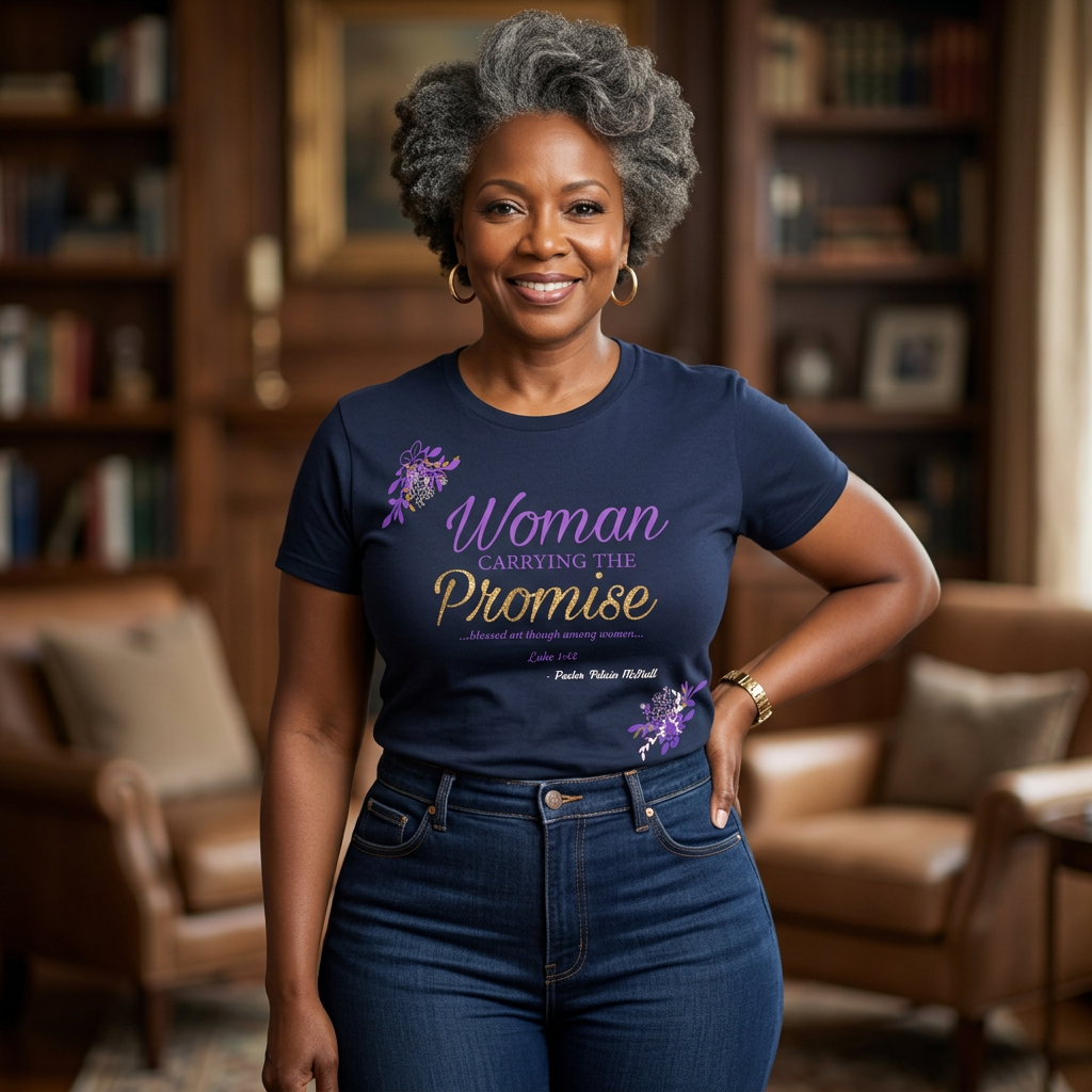 Woman in t-shirt: 'Woman Carrying The Promise, Walk In The Word'
