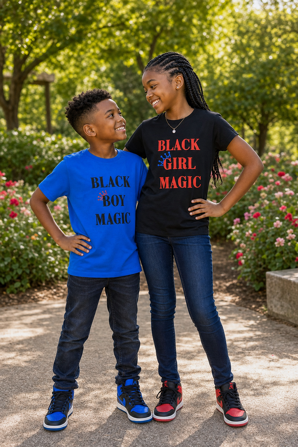 Children in 'BLACK BOY MAGIC' and 'BLACK GIRL MAGIC' shirts