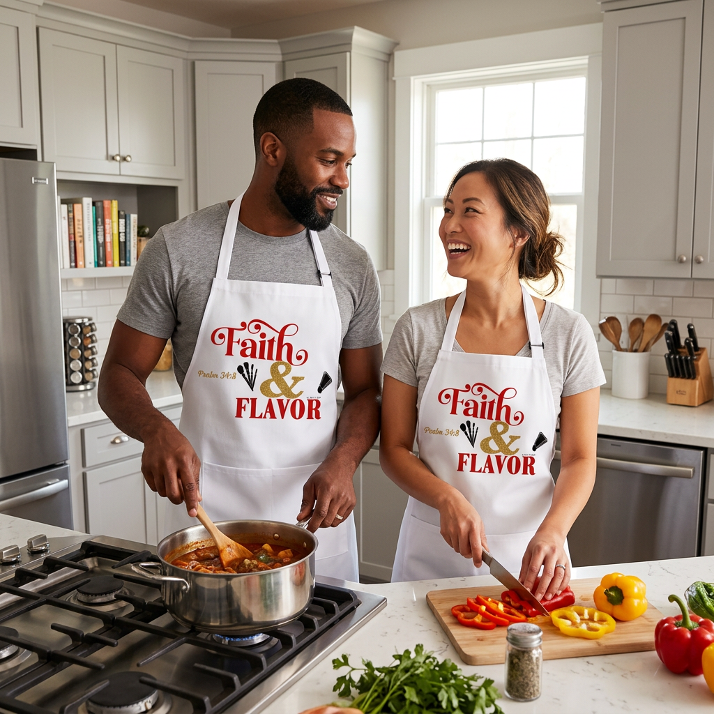 Couple cooking in kitchen with 'Faith & Flavor' aprons