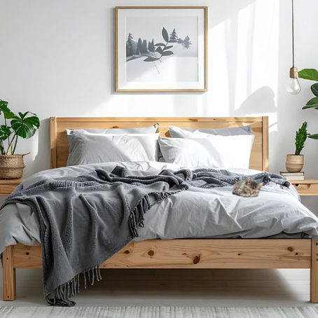 Ein Bett aus Massivholz mit grauen kuscheligen Decken und einer Katze, die am Bett schläft