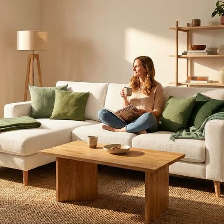 Eine Frau, die auf einer gemütlichen weißen Couch einen Kaffee trinkt und dabei ein Magazin liest.