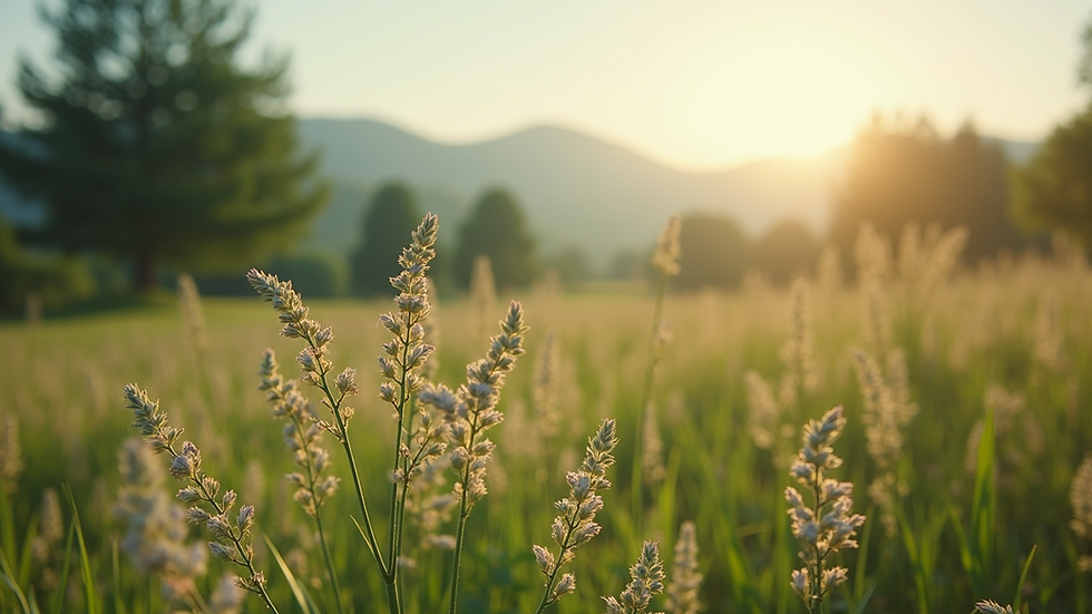 Eye-level view of a serene natural landscape with aromatic plants