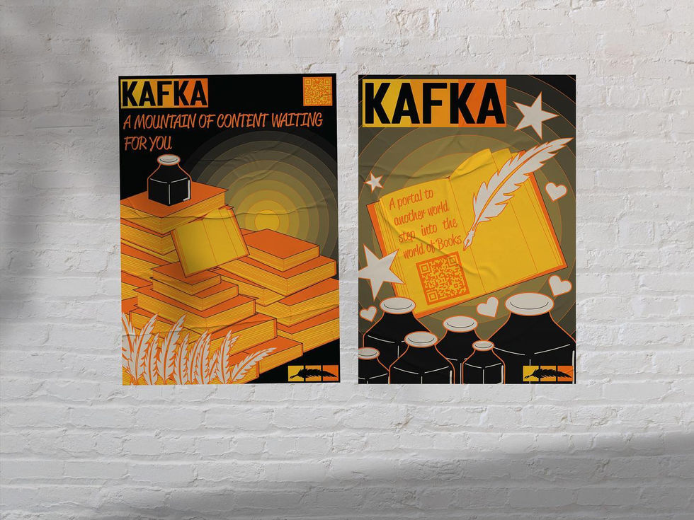 Two black posters stuck to a wall. They both say “Kafka”. The first poster shows a pot of ink on top of a stack of books and says “A mountain of content waiting for you.” The second poster is an open book with a QR code. There is a quill above the book that has written “A portal to another world. Step into the world of books.”