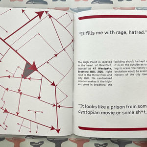 A two page spread of a zine. The paper is off white and the colours are red and grey.