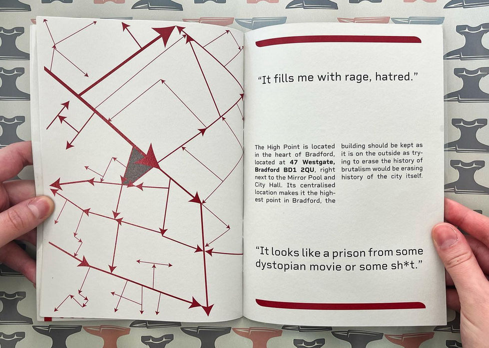 A two page spread of a zine. The paper is off white and the colours are red and grey.