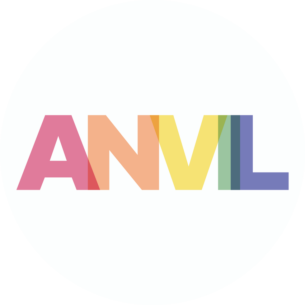The word ANVIL on a white background. Each letter has a low opacity colour of the rainbow.