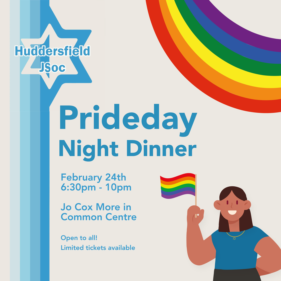 An off white background with blue stripes on the left side and the JSoc logo in the top corner. On the other corner there is a rainbow. There is a graphic of a woman holding a pride flag. The text says "Prideday night dinner" and there is event info underneath.