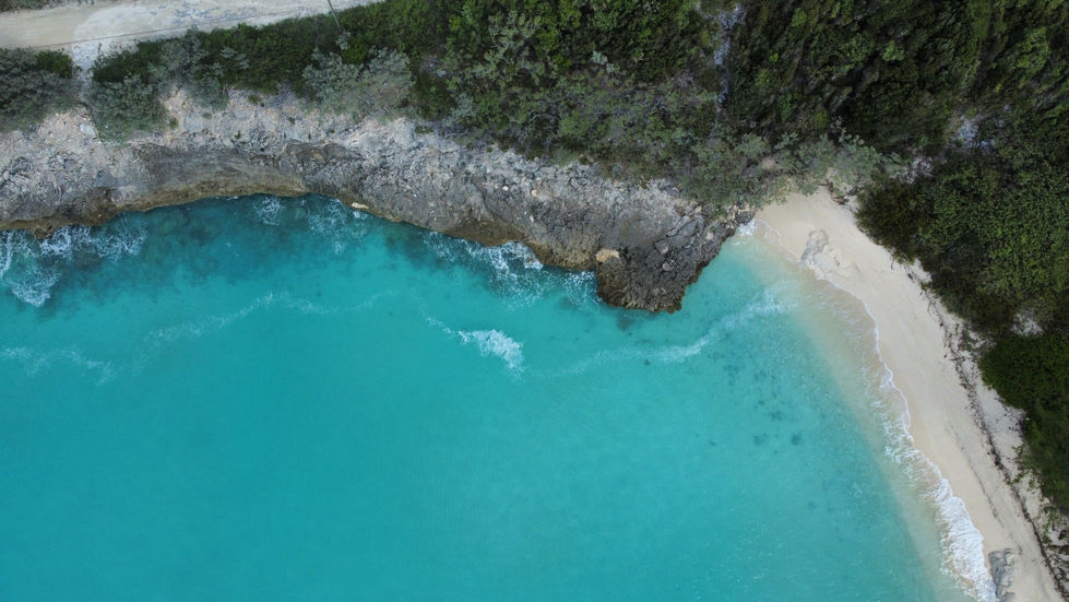 an aerial view of a Grotto Beach , San Salvador Bahamas