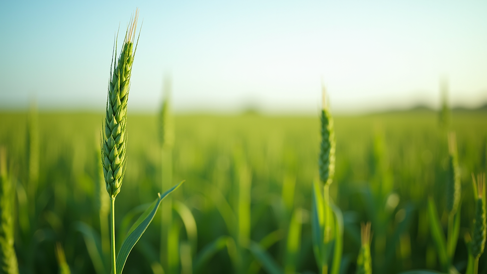 Eye-level view of green crops in a field with clear sky