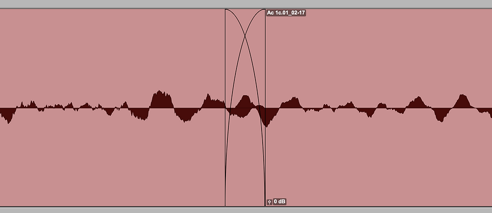 A screenshot from Pro Tools of adjacent audio clips that have had fades applied