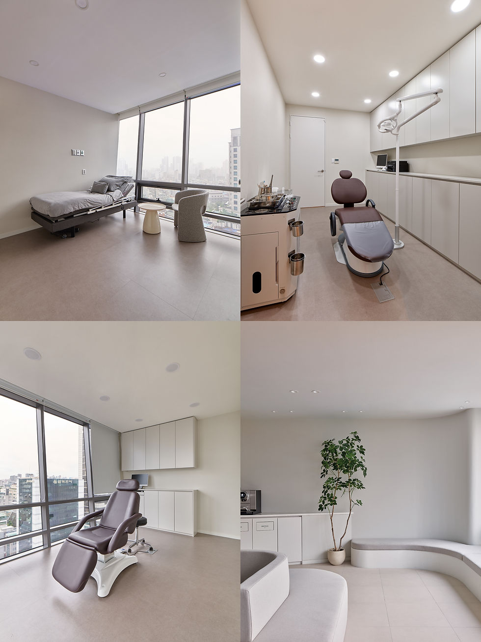 Modern office with a medical chair, hospital bed, and lounge area. Large windows, neutral tones, sleek cabinets, and a potted plant enhance the space.