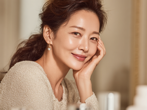 A radiant Korean woman in her 50s smiling confidently in front of a mirror, showcasing youthful, lifted skin in a premium aesthetic clinic setting.