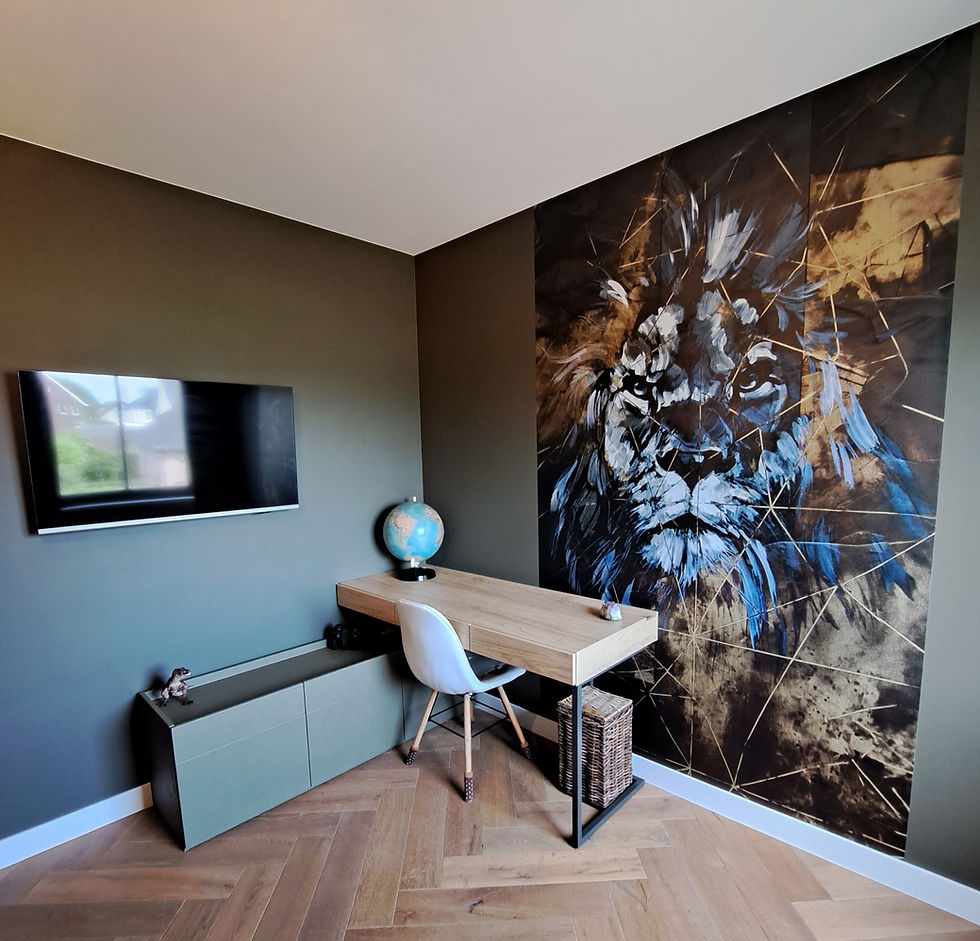 Tienerkamer combo muurverf en behang. Burokast in Basebeton