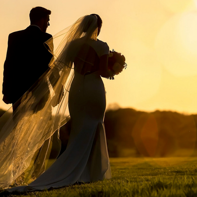 Bride and Groom hold hands and walk away from camera, silhouetted with golden light from sunset streaming through the veil.