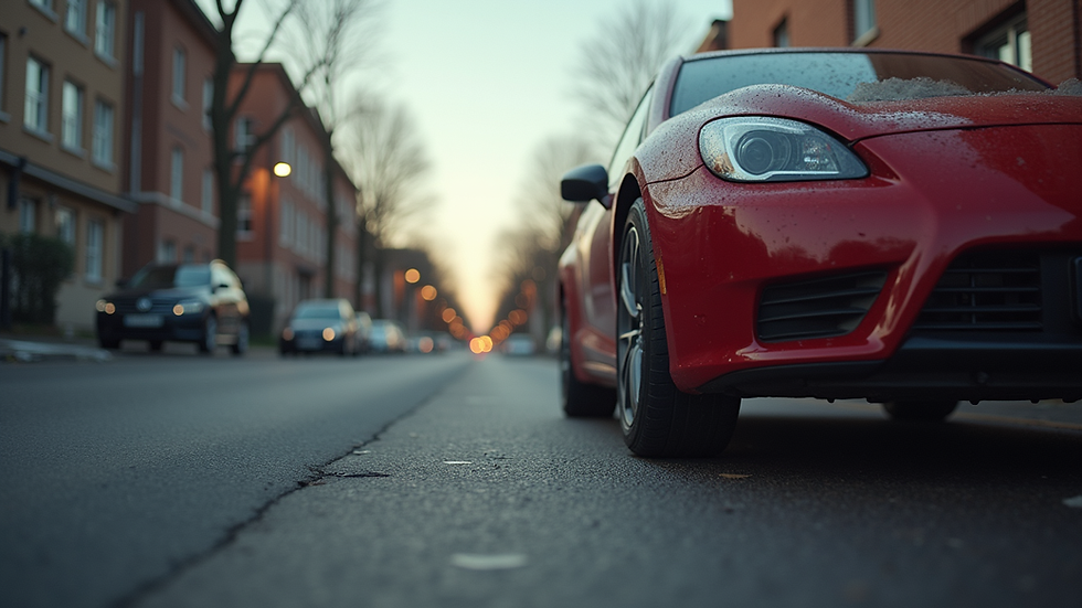 Eye-level view of a learner driver’s car parked on a quiet street