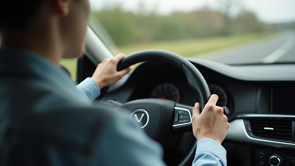 Close-up view of a learner driver’s hands on the steering wheel during a calm driving lesson