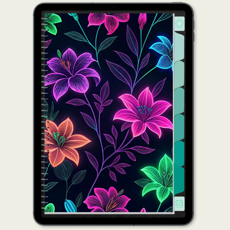 Caderno Digital Black Neon Flowers - 6 Abas - 6 Templates aba6