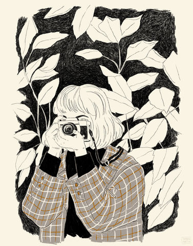 Illustration of girl with camera. Girl taking photos.