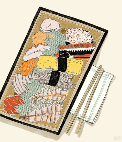 Sushi box illustration. Japanese food drawing.