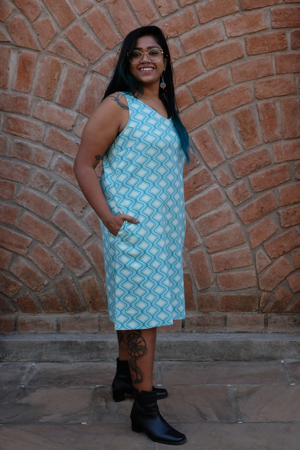Thumbnail: Aqua Retro Geometric Print Dress