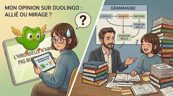 Ilustración comparativa en dos partes. A la izquierda, una alumna confundida usa la aplicación Duolingo traduciendo la frase absurda: "A la golondrina no le gusta beber vino". A la derecha, la misma alumna feliz en clase con un profesor, rodeada de libros de referencia (Bescherelle, DELF) y diagramas sobre contexto y matices.