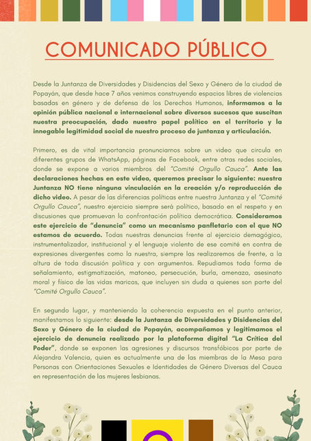 Comunicado Juntanza Diversa y Disidente Popayán