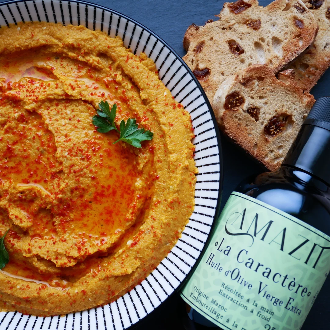 Houmous pois chiche et carotte + bouteille d'Huile d'Olive Vierge Extra - La Caractère