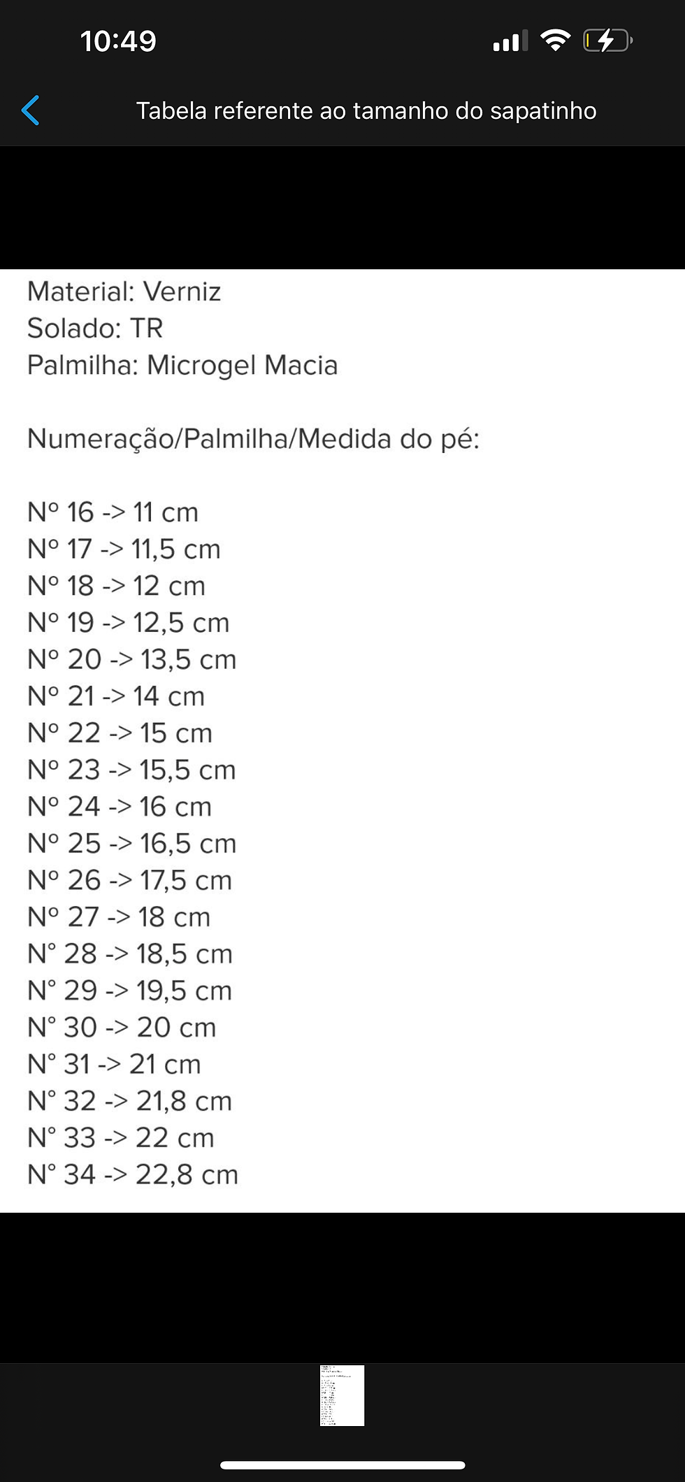 Miniatura: Tabela de medidas calçados.