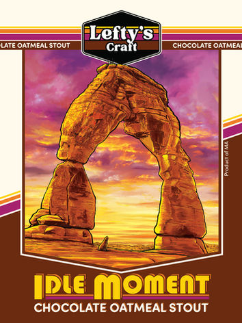 Idle Moment Chocolate Oatmeal Stout beer label featuring image of Delicate Arch at Arches National Park, UT.