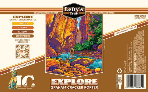 Explore Graham Cracker Porter beer label, featuring image of the Virgin River at Zion National Park, UT.