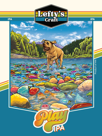 Play IPA beer label. Image of the colorful rocks at the Flathead River in Glacier National Park, MT.