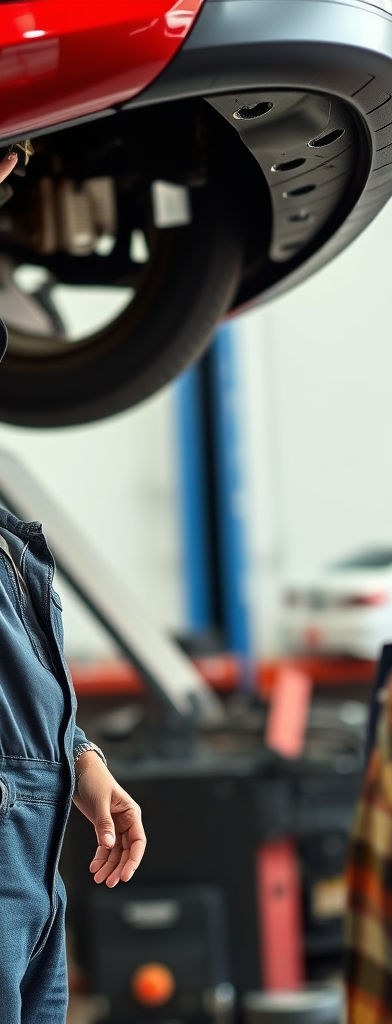 A hispanic auto mechanic working on a car that is raised up and pointing something out und