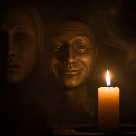 Mask smiles in the light of a candle