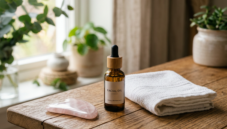 Eye-level view of a smooth Gua Sha stone beside facial oil and a towel.