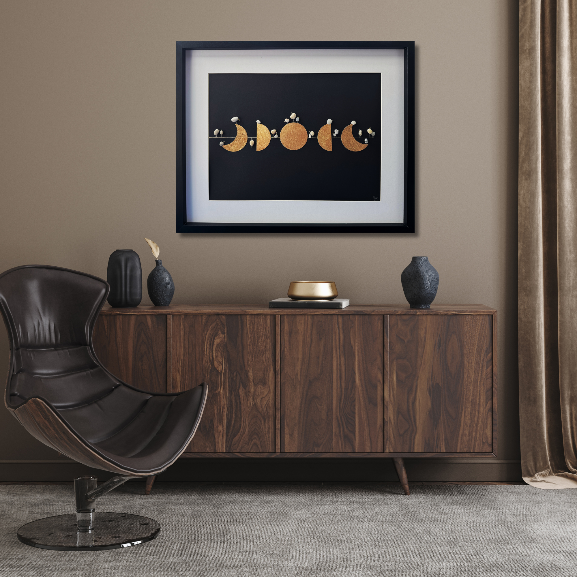 🌙 Moonlight – Im Rhythmus des Mondes – Kieselsteinbild mit Vögeln und Blattgold