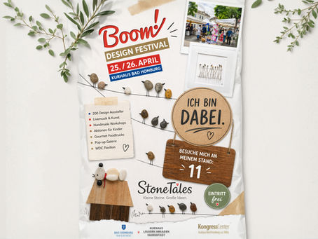 Boom Design Festival Bad Homburg 2026 Werbegrafik mit StoneTales Kieselkunst Bildern, Stand 11 im Kurhaus Foyer, Kunst- und Designmarkt am 25. und 26. April