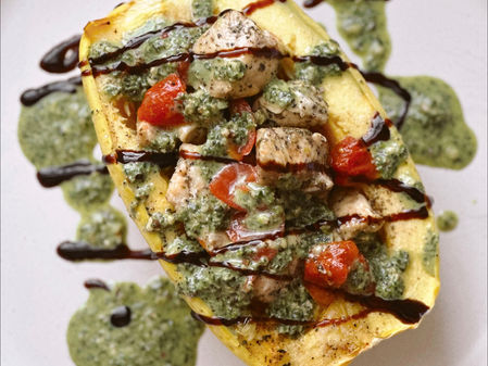 Spaghetti Squash + Pesto Chicken