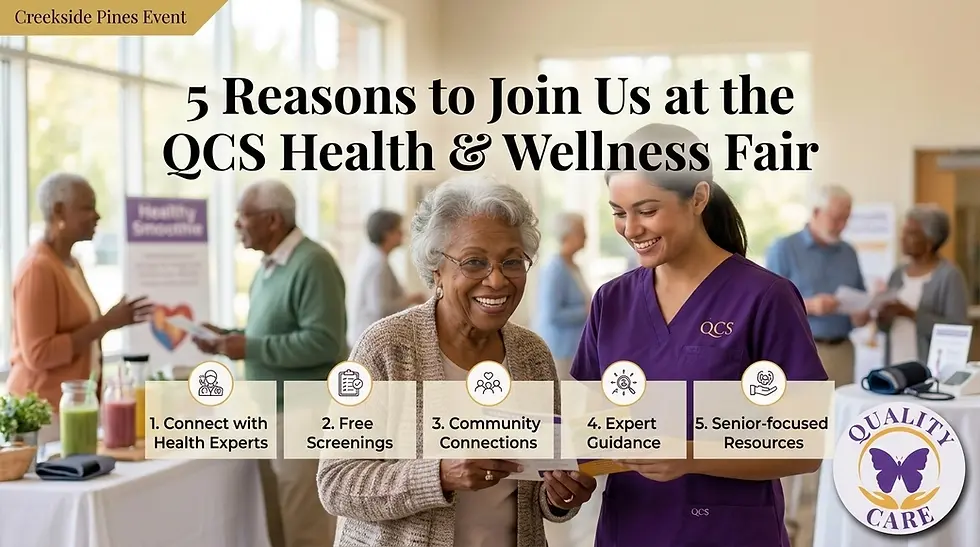 A warm QCS newsletter cover in purple and yellow-gold tones featuring the official logo and a welcoming community care setting for seniors and families