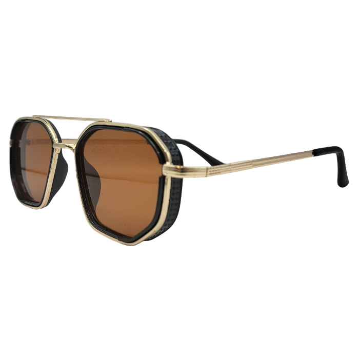 Side angle view of gold octagon sunglasses